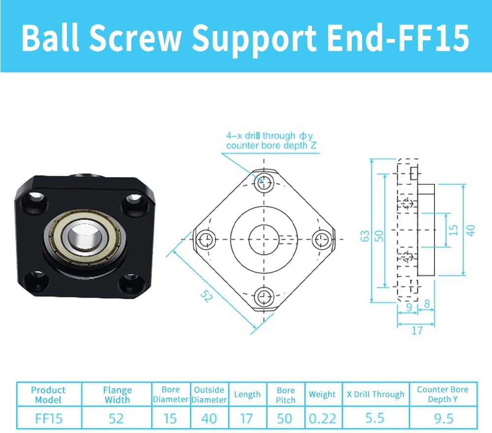 FK15 FF15 Ball Screw End Support, C7 Precision Ballscrew Bearing End Block Set Kit for SFU2005 SFU2010 Accuracy Versatile Use for CNC & Automation Equipment