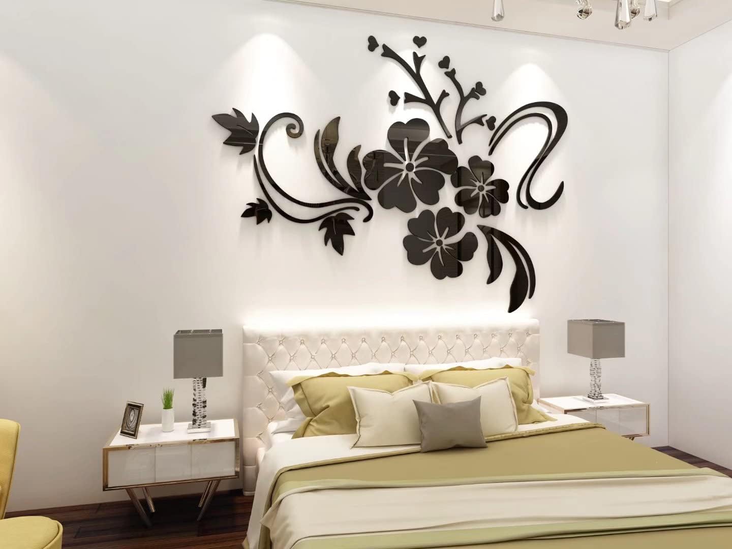 Wall Stickers 3D Flower Mirror - Family Decal Living Room Wall Decor Sticker Home Decorations Room Decor for Office Sofa Bedroom Decals (Black L:59 * 78in)