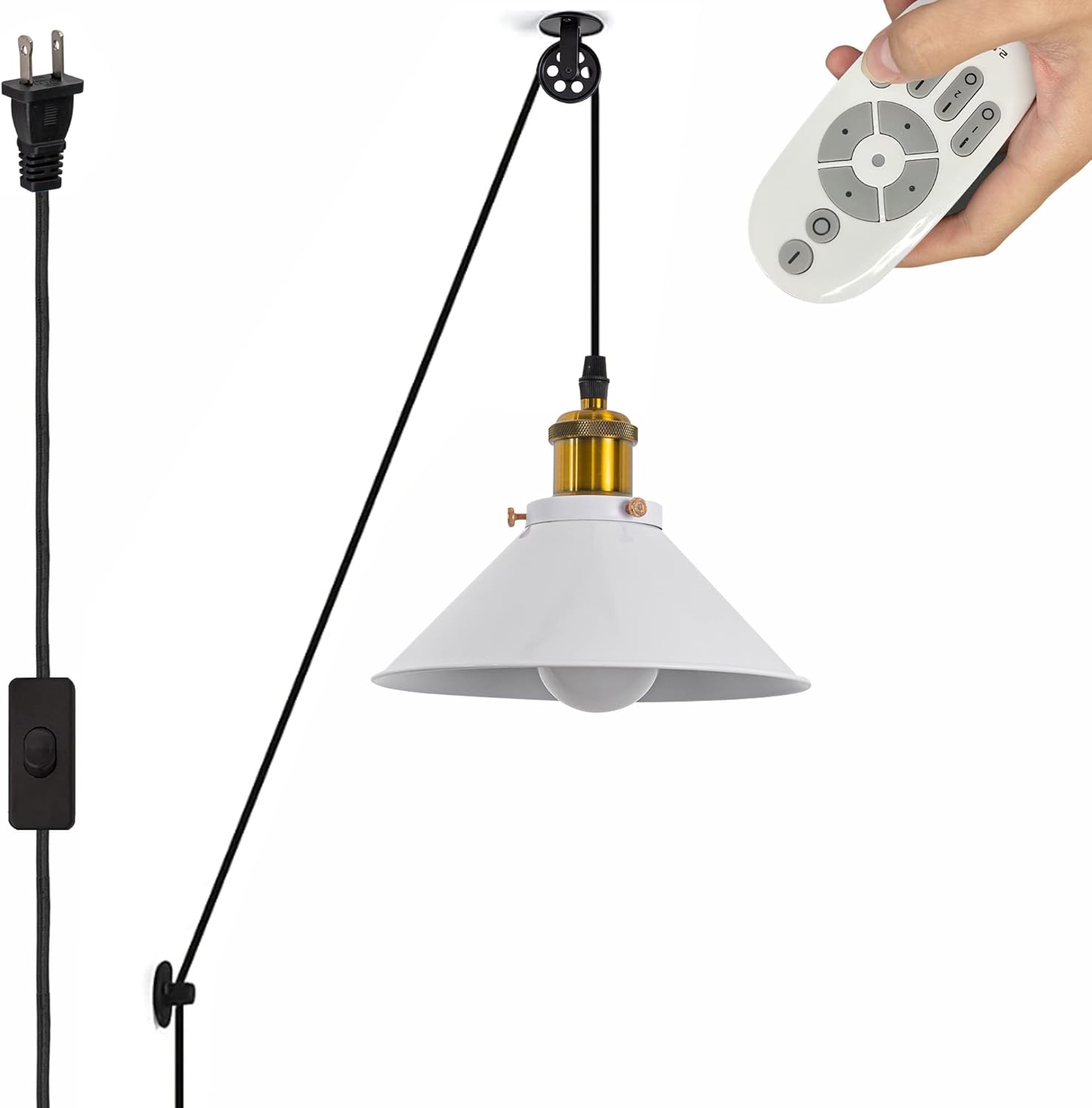 Swag Handing Industrial Pulley Design Pendant Lamp with 20ft Plug-in UL Switch Cord E26 Smart Led Bulb White Iron Cone Shape Shade with Wheel for Sloped Vaulted Ceiling No Wiring Needed