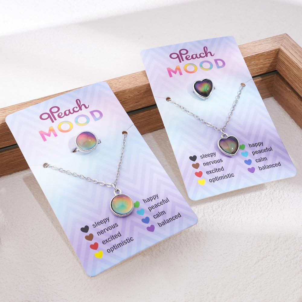 Cute Temperature Sensing Mood Necklace Ring Set Cute Cat Unicorn Round Love Heart Shape Color Changing Necklace Open Rings Emotion Feeling Mood Jewelries for Couples BFF Friendship Jewelry Gifts