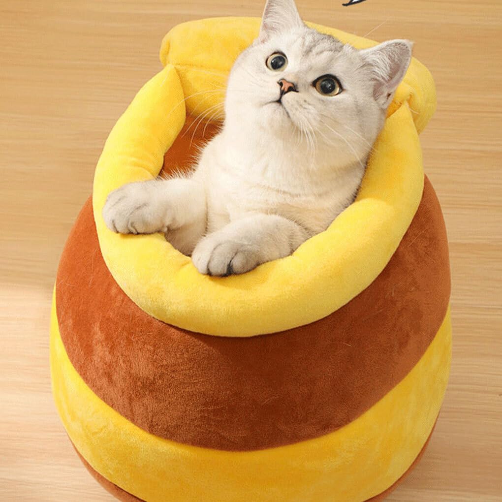 Pot de Miel Chat lit Hiver Respirant Pot Forme nid Mignon en Peluche Dessin animé PP Coton Maison de Remplissage pour Petits Chats Chiens