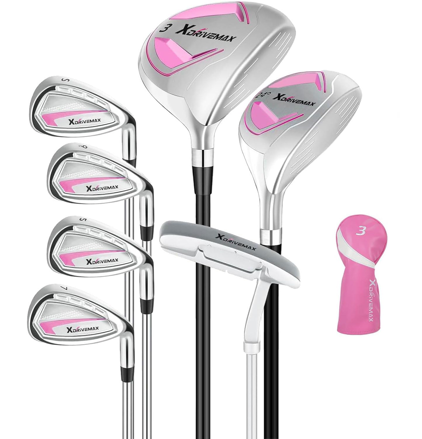 XDriveMax 7-Piece Women's Complete Golf Clubs Set (Clubs Only), Advanced Performance Set with 460cc Driver, Fairway Wood, Hybrid, Irons and Putter, Regular Flex (No Golf Bag Included),Right,Pink