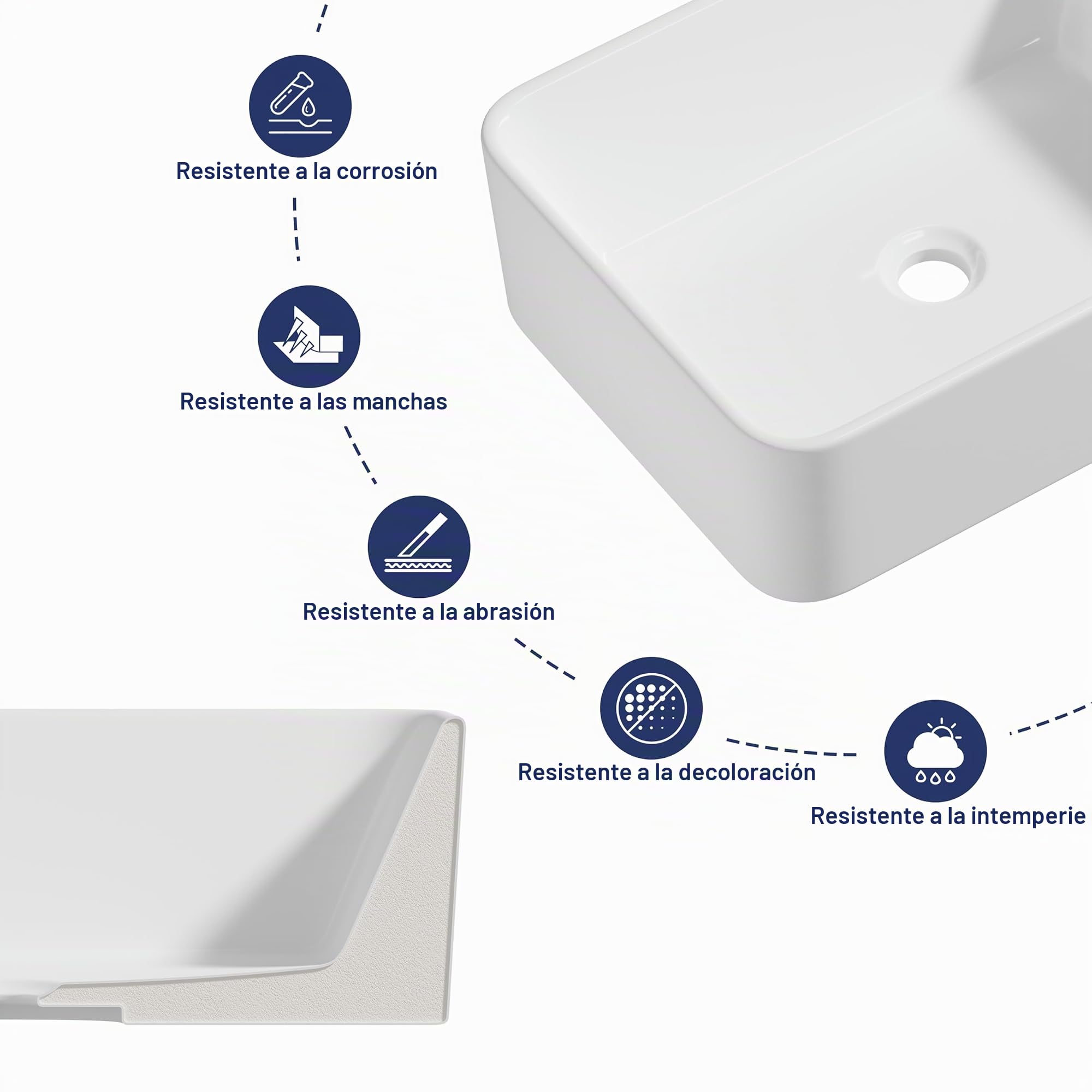 Eridanus Lavabo rectangular de cerámica para encimera de baño, moderno lavabo cuadrado de porcelana vítrea para tocador, color blanco brillante, 400 x 300 x 130 mm