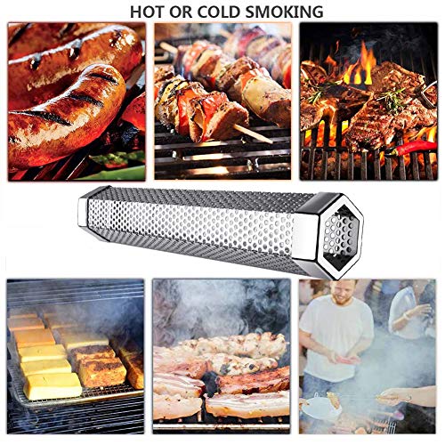 Pellet Smoker Tube -12" Stainless Steel Wood Tube Smoke For Cold/Hot Smoking For All Electric, Gas, Charcoal Grills Or Smokers - Ideal For Smoking Cheese, Fish, Pork, Beef, Nuts, Bonus Brush #TOP2