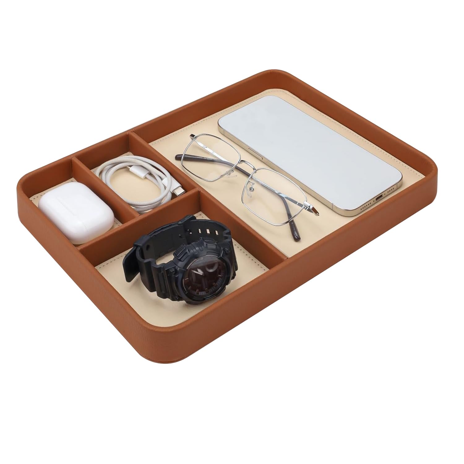 Premium Vegan Leather Valet Tray, Multifunctional EDC Catchall Organizer, Bedside & Entryway Storage Caddy for Keys, Phone, Watch, Jewelry & Office Accessories