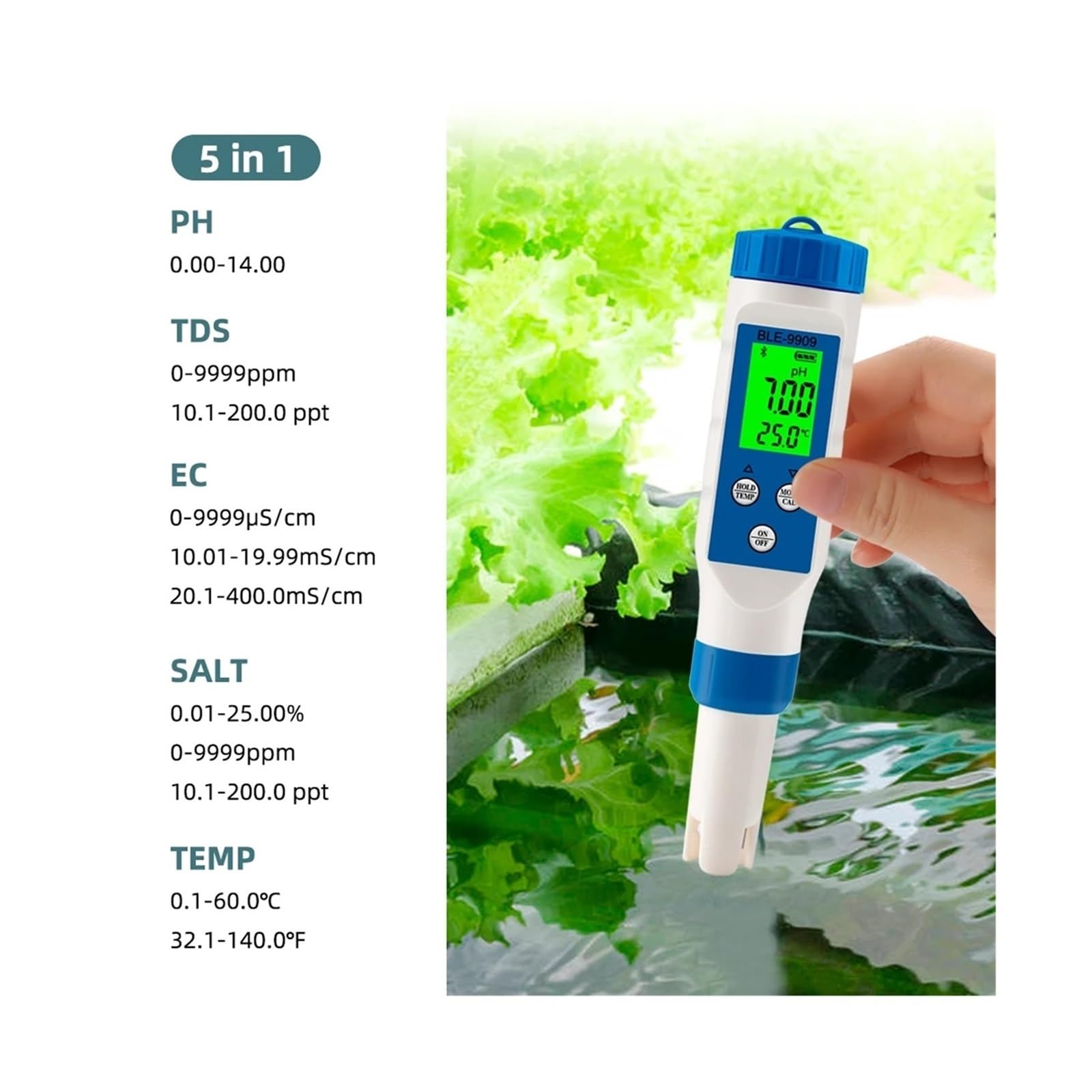 Misuratore di pH Bluetooth 7 in 1/5 in 1 Smart PH EC TDS ORP SALE SG TEMP Test qualità 'acqua Acquari salinità Giardinaggio, Agricoltura(5 in 1 PH Meter)