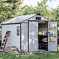 DNYKER 8 x 10 FT Resin Outdoor Storage Shed, All-Weather Plastic Garden Shed with Floor, Lockable Doors & Windows, Plastic Tool Shed for Poolside, Backyard, Patio