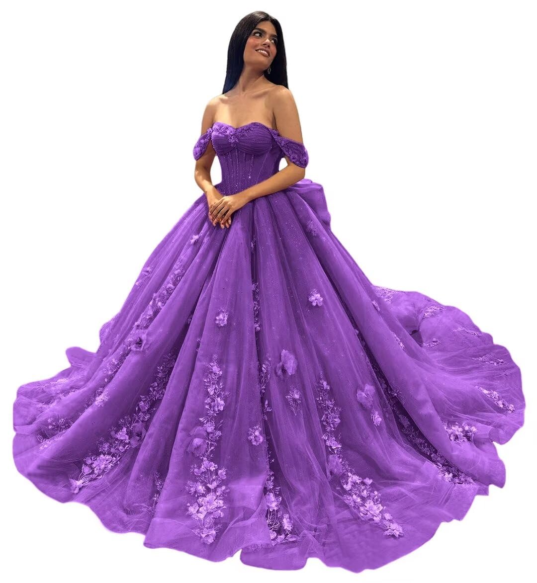 Ftupza 3D Floral Quinceanera Dresses Lace Beaded Party Gowns Off Shoudler Tulle Ball Gown for Sweet 15 16 Dresses