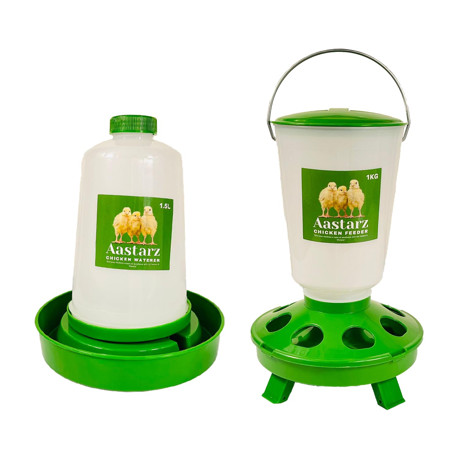 Aastarz Chicken Feeder and Waterer Set with Adjustable Legs - Rain Proof 1Kg Chick Feeder and 1.5L Chick Waterer (Green)