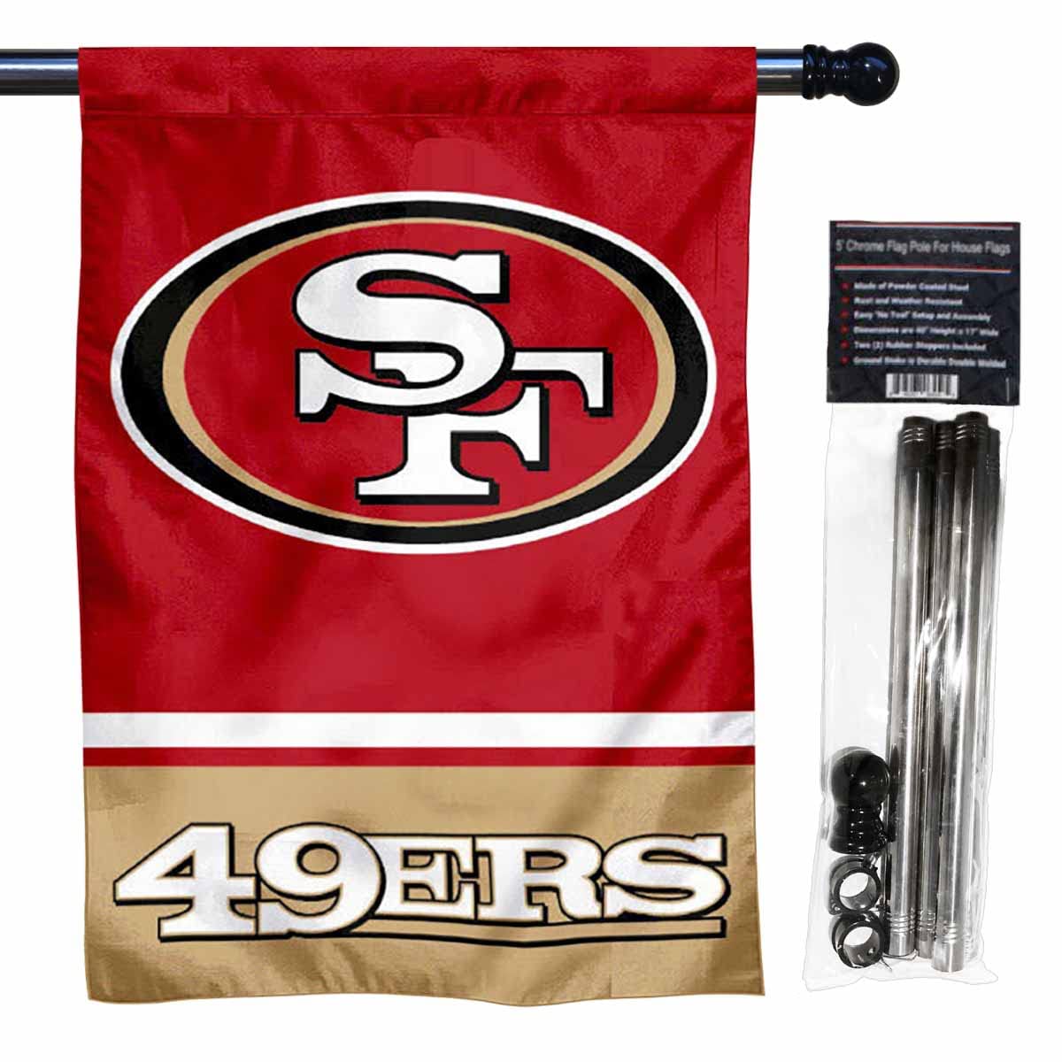 49ers Banner House Flag and 5 Foot Flagpole Set