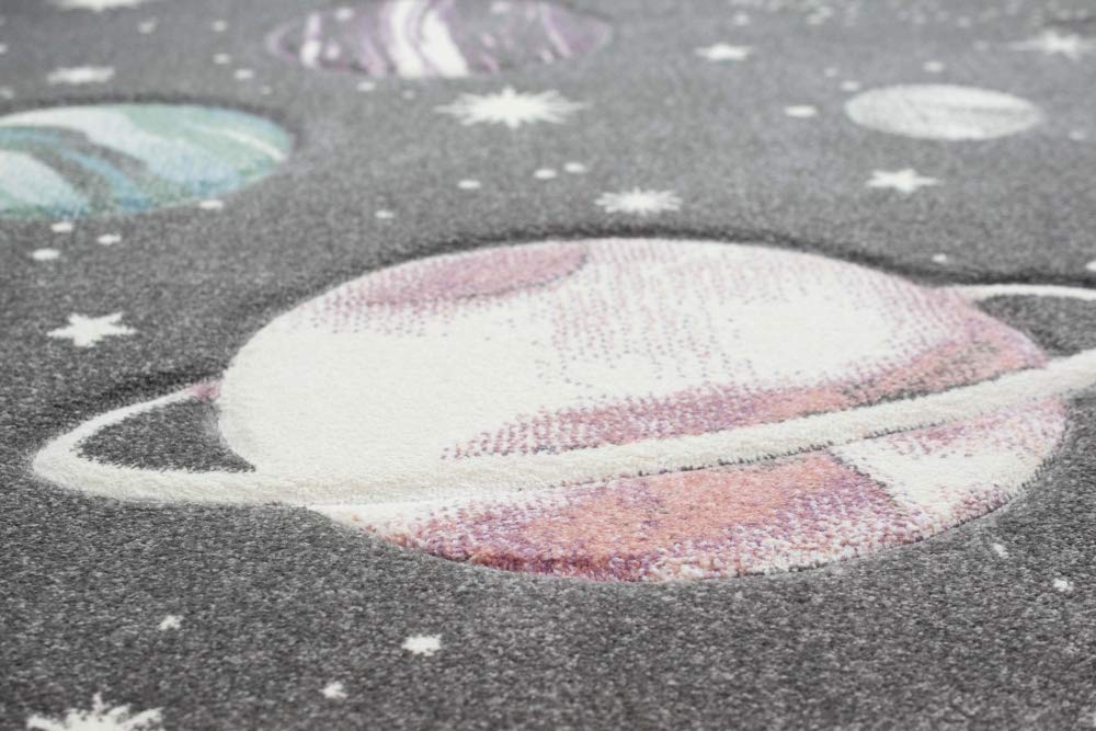 Teppich-Traum Kinderteppich Weltraum Lernteppich mit Sternen und Planeten in Pastell grau Größe 200 x 290 cm