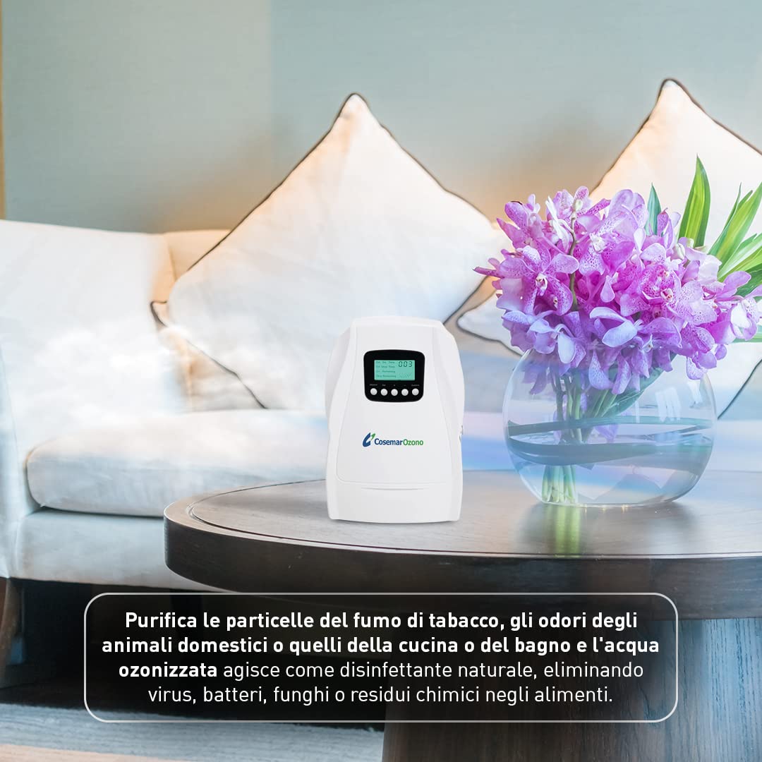 Ozono Hogar - Generatore di ozono domestico digitale 2 in 1 - Ozonizzatore - Purifica aria casa e particelle d'acqua - Include sacchetto per disinfettare frutta, verdura e oggetti -Produzione 500 mg/h