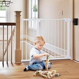 COMOMY 75-110cm Stair Gate for Baby, Auto Close Dog Gates Indoor, Pressure Fit Child Safety Gate for Doorway, Wide Pet Gate with Door for the House, Metal Gate with Extensions (76cm Tall, White)