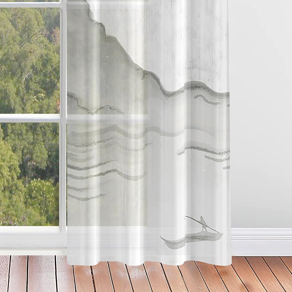 Mateju Rideau Voilage Blanc，Voilage Fenetre 3D Motif Botanique，Rideau Salon Moderne Lot de 2 Semi-Transparent Intérieurs Décoration，pour Cuisine、Chambre (Paysage,140 x 275 cm)