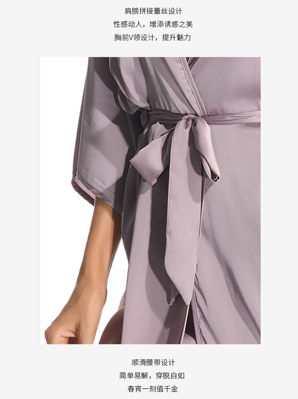 OZEO Albornoz Mujer,Kimono Sexy Albornoz Satén Costuras Encaje Escote En V Profundo Blanca Corta con Cordones Babydoll Novia Moda Bademantel Damen,M