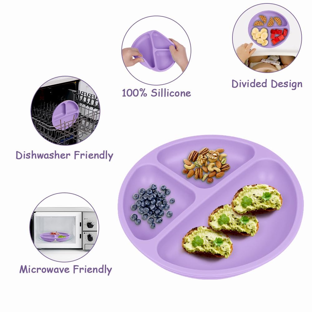 Xacton Silicone Divided Baby Plate | 3 Compartment Suction Plate for Baby | Unbreakable Non-Slip BPA-Free Food Grade Feeding Plates | Microwave, Freezer & Dishwasher Safe for Toddlers & Kids (Purple) 2