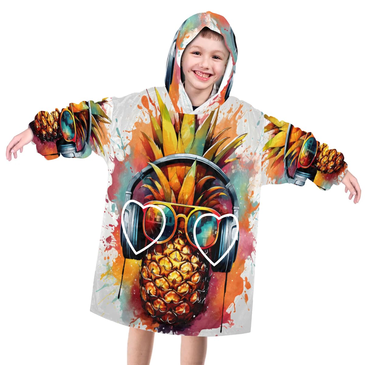 Pardick Wearable Blanket Hoodie for Kids, Sunglasses Pineapple Fleece Sweatshirt Blanket Oversized Blanket Sweatshirt with Pocket Flannel Warm Hooded Blanket 6-10 Year Old Girl Boy Gift, One Size