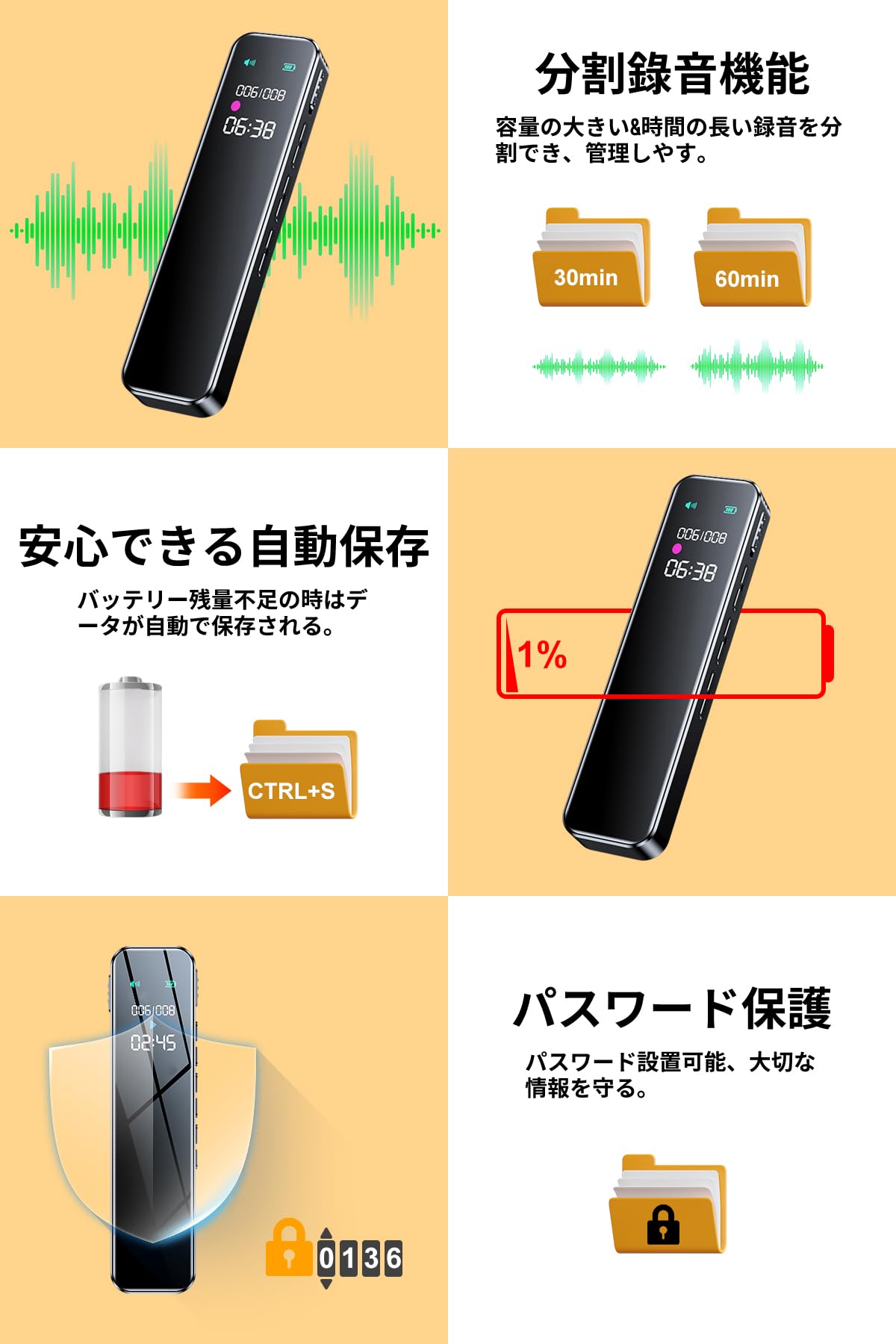 OSKOE 64GB ICレコーダー 3072kbps音質 小型ボイスレコーダー