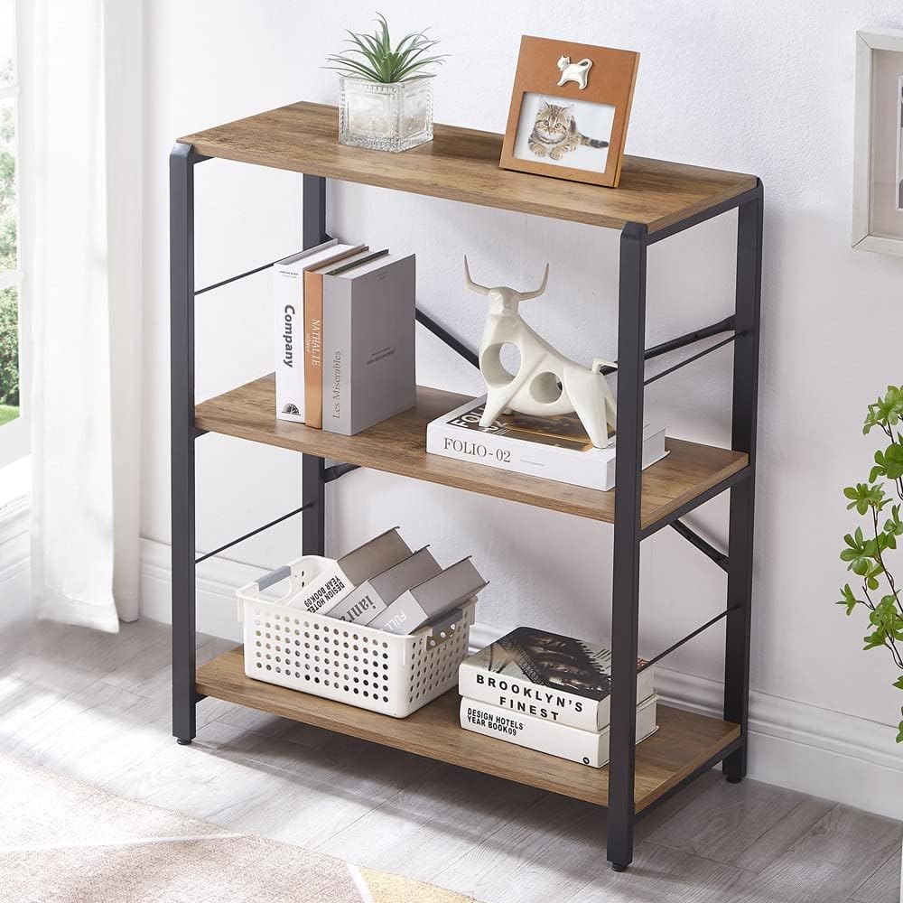 FOLUBAN Small Bookshelf, 3 Tier Open Book Shelf, Rustic Wood and Metal Shelving Unit for Small Space, Oak