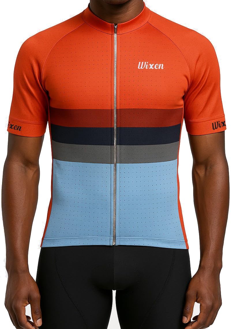 WIXEN Men's Cycling Jersey 3+1 Rear Zipper Pocket Biking Shirts Moisture Wicking UPF 50+ Full Zip Cycling Jersey