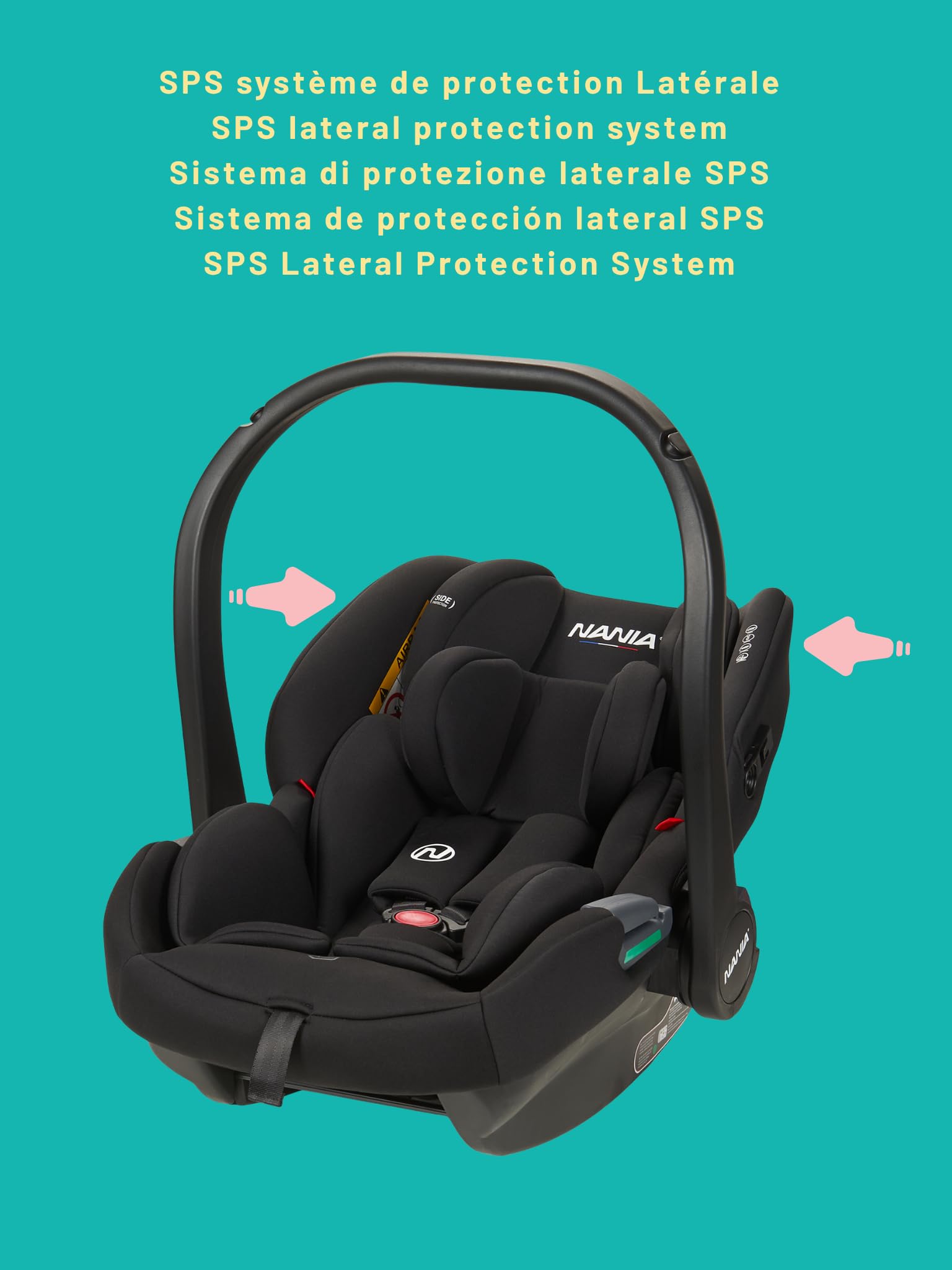 NANIA Silla de coche para niños Rimini R129 i-Size de 40 a 87 cm, desde el nacimiento hasta 13 kg, casco grupo 0+, reposacabezas ajustable, protección lateral, inserto lumbar y reducción, base Isofix