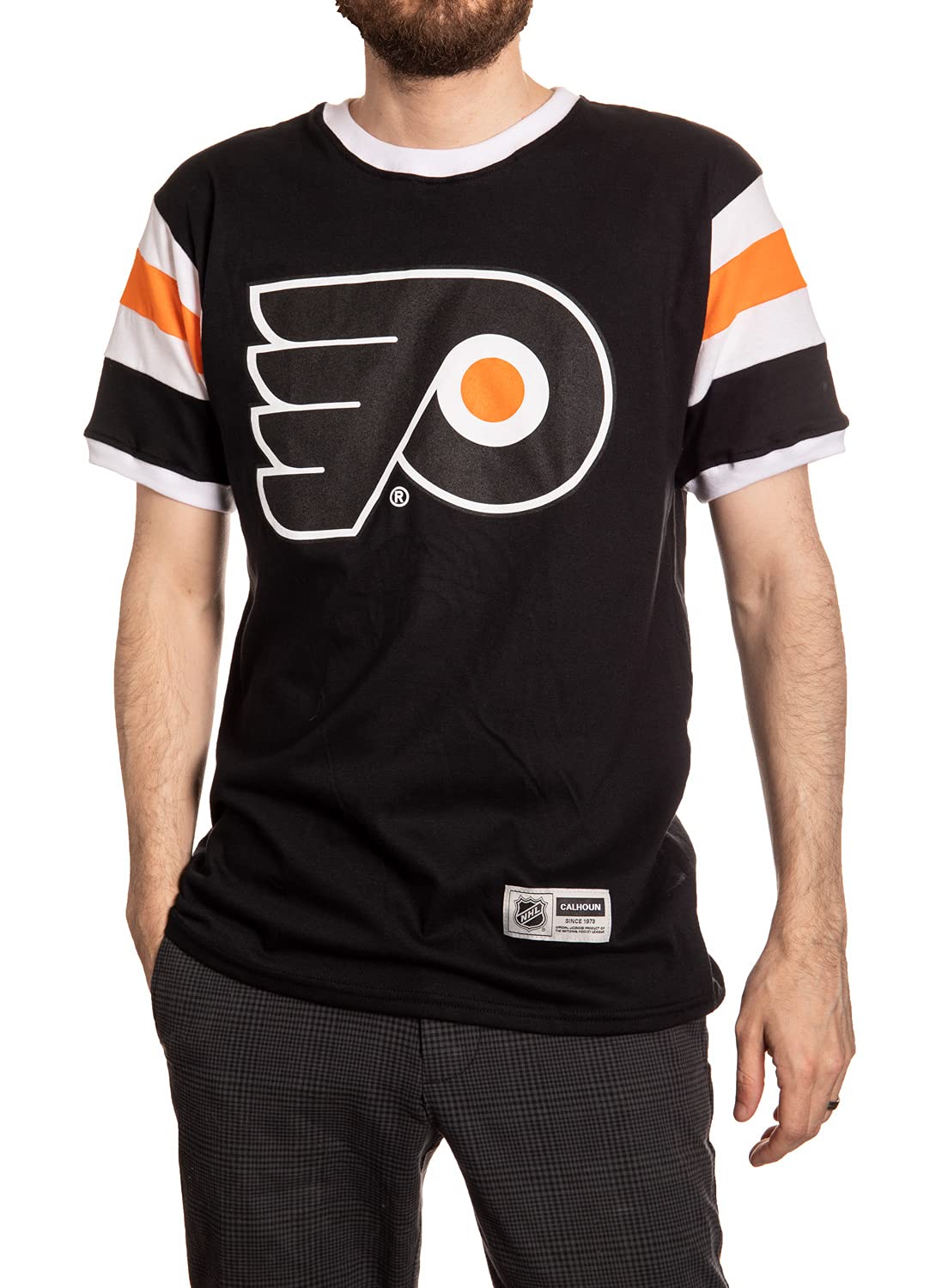 Calhoun Men's Philadelphia Flyers Nhl Surf & Skate Shoulder Stripe Varsity Inset Sleeve Retro Style T-Shirt – The Coastal Collection, Xl