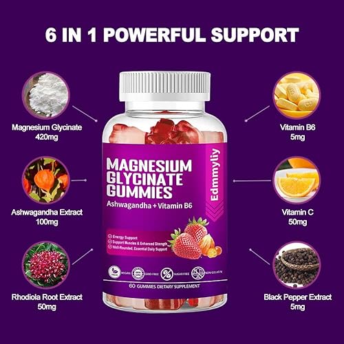 Miniatura 3 de Suplemento de gomitas de magnesio sin azúcar para mujeres y hombres, glicinato de magnesio de 500 mg con Ashwagandha, Rhodiola, apoya la energía y