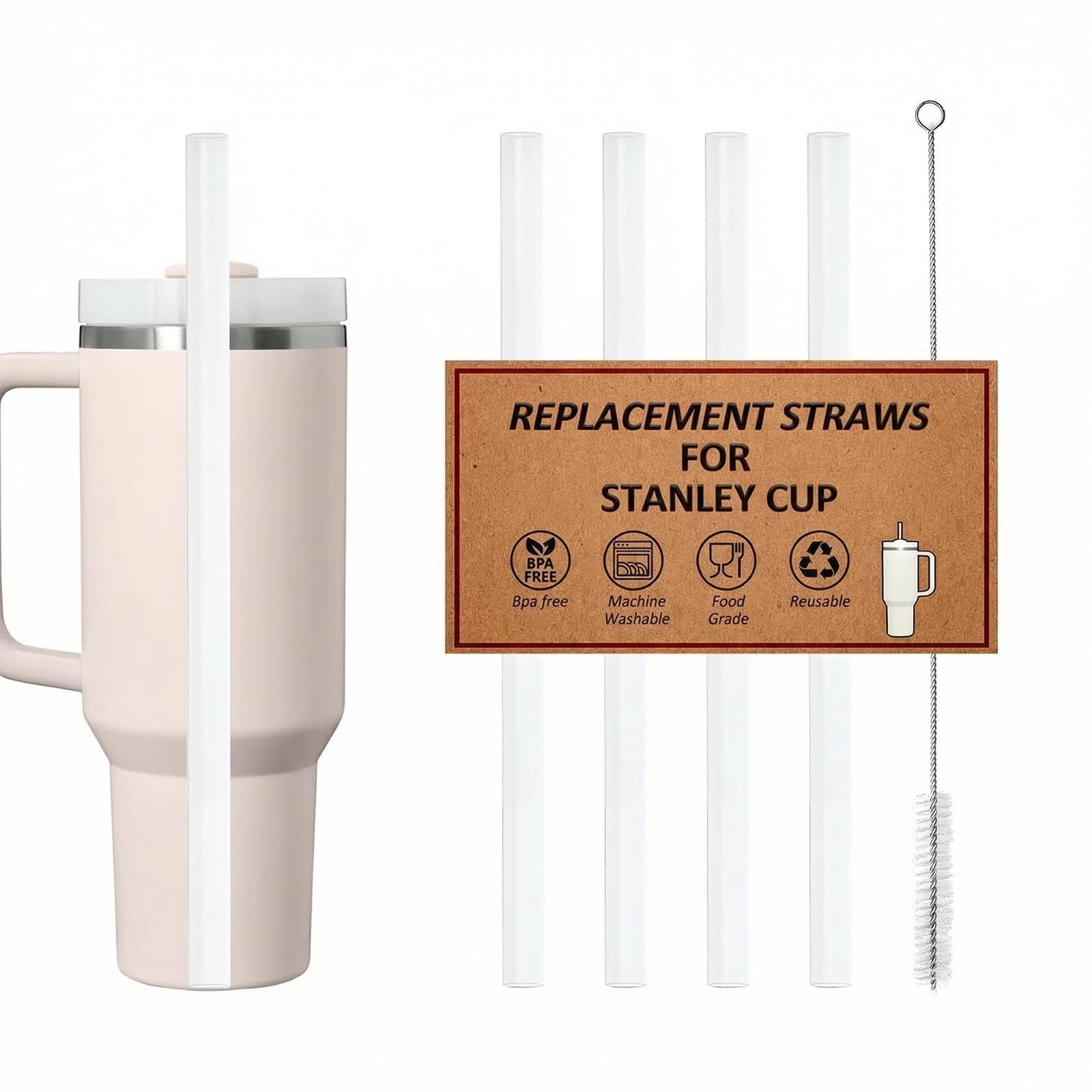 Reusable Straws for Stanley Cup 14/20oz | 30oz | 40oz, Replacement Long Straw with 1 Brush for Stanley Cup Accessories,Food Grade & BPA Free, Machine washable(4 pack,30oz, Transparent White)