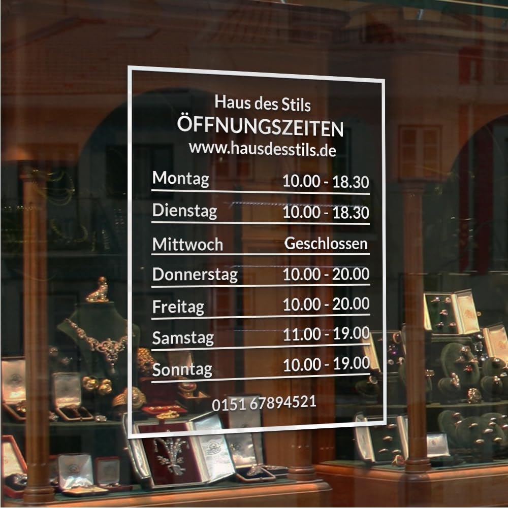 Öffnungszeiten Aufkleber für Schaufenster, personalisierbar - Design 1