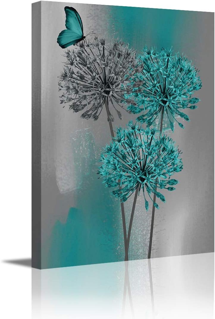 Kingsleyton Teal Gray Butterfly Flower Modern Painting On Canvas Posters Prints Pictures Wall Art Living Room Home Decor Wooden Framed Stretched Ready To Hang 16x24 Inch
