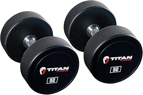 Titan Fitness Mancuernas redondas recubiertas de uretano, asas moleteadas, se venden en un par, pesas libres para entrenamiento de fuerza en
