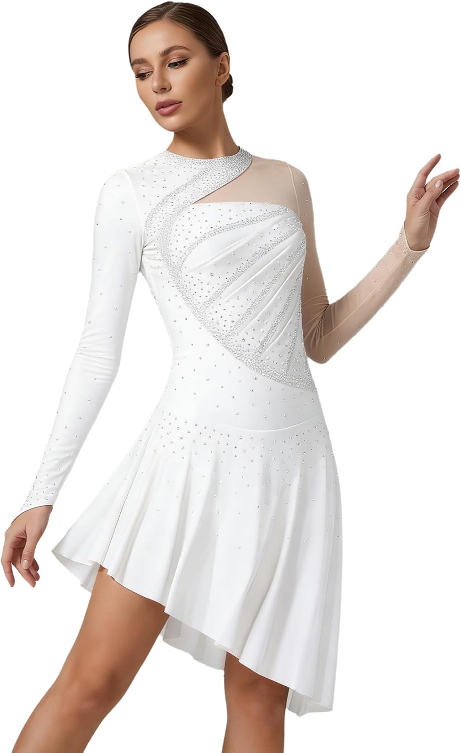 Women's Figure Skating Dress Long Sleeve Mesh Rhinestone Ice Skating Dress Ballet Competition Dancewear