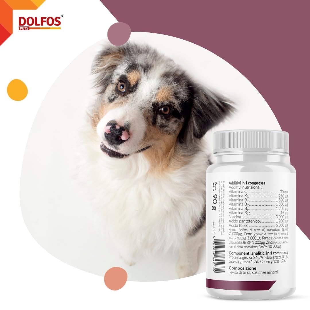Pets Dolfos Hemodol 90 Compresse - Supporto complementare Cane e Gatto per Anemia - Formula avanzata contro la carenza di Ferro - Contiene Ferro, Rame Zinco e Vitamine
