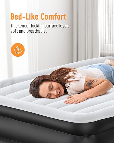 Miniatura 2 de Airefina Colchón de aire de tamaño matrimonial de 18 pulgadas con bomba integrada, colchón inflable con autoinflado, duradero, portátil y flocado,
