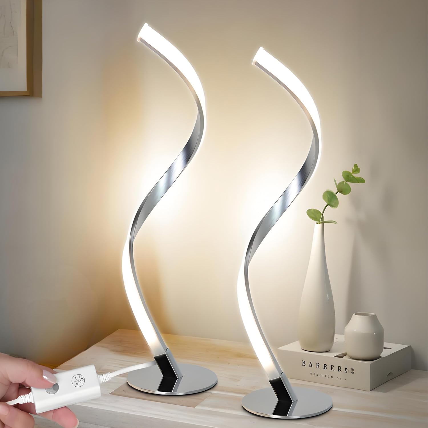 2er Lámparas LED de Mesa, Lámpara Mesita de Noche Moderna con Control Táctil, Regulable sin Niveles, Lámpara Mesa Decorativa en Forma de S, 3000 K-5000 K (Luz Blanca Cálida/Natural/Fría) para Sala