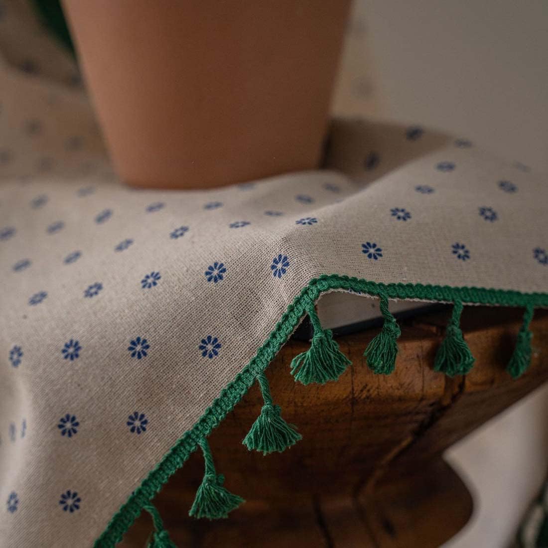 Blue Floral Pattern Rod Pocket Window Curtains Farmhouse Bohemian Lace Buffalo Checkered Semi Blackout Living Room Patchwork Drape with Green Tassels, 1 Panel, 59" x 94"