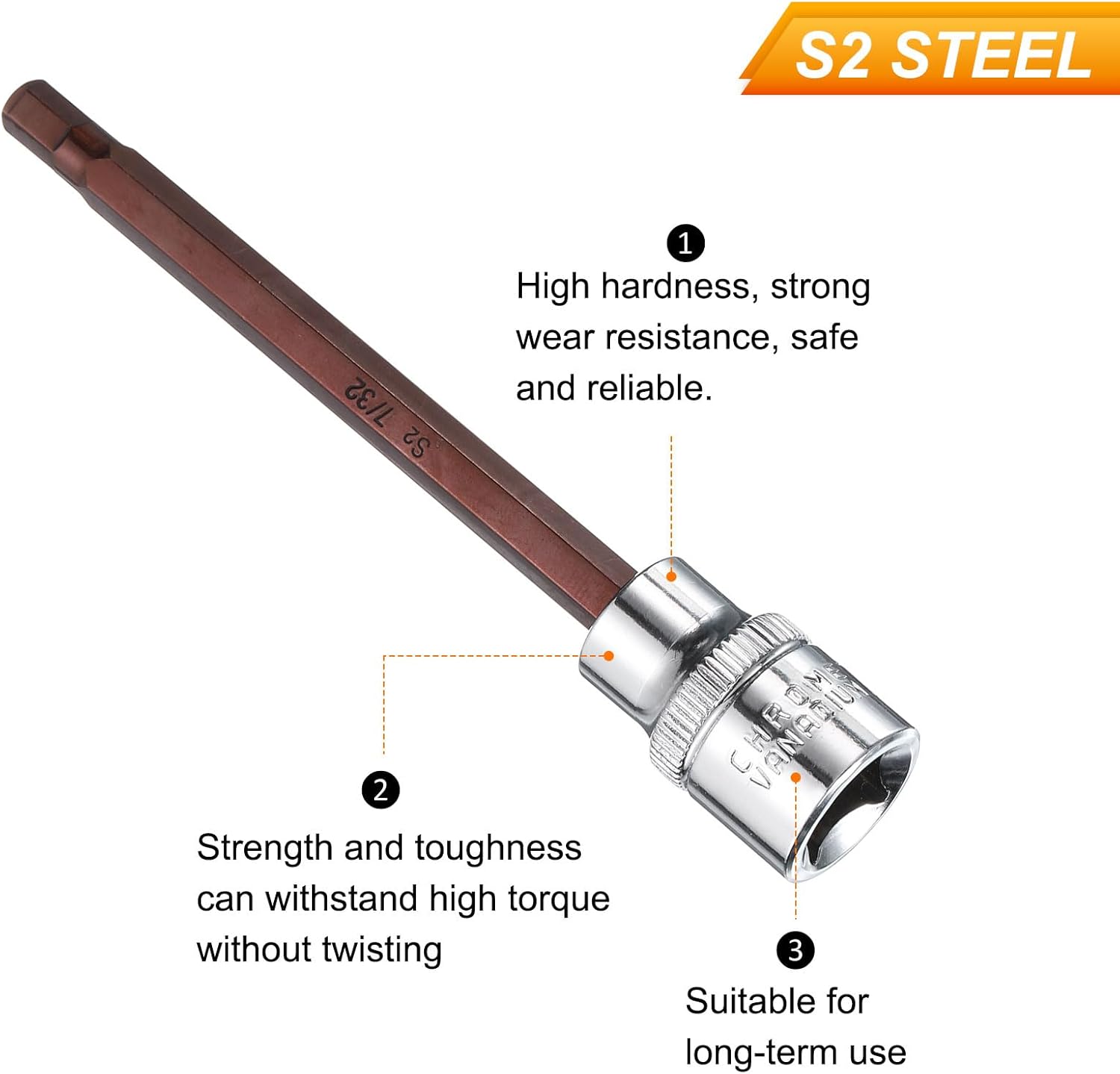 uxcell 7/32" Hex Bit Socket 3/8" Drive SAE S2 Steel Square Drive Socket Extension Impact Bit Socket Ratchet Wrench Accessories for Turns Power Drill Into Nut Driver