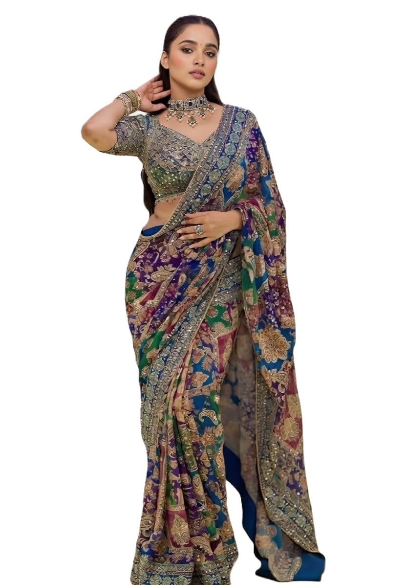 Designer Printed Saree with Blouse Piece | Roman Silk With ajarakh Print And All Saree Real Mirror work And Piping Saree Border | for Women Festive Casual | (Purple&Multicolor) - Image 2
