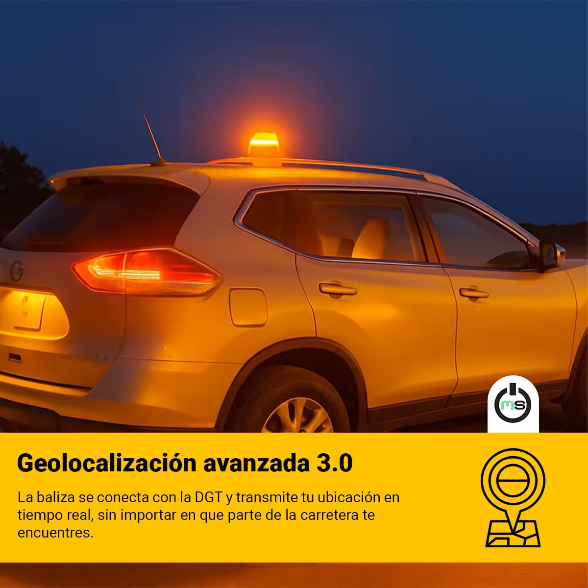 ms móvil shop Baliza V16 Homologada DGT Luz de Emergencia IoT | Señal Conectada Geolocalizada DGT 3.0, Sustituye Triángulos, Base Magnética, Visibilidad 1 km 360°, Autonomía 6h, Incluye Pilas AA