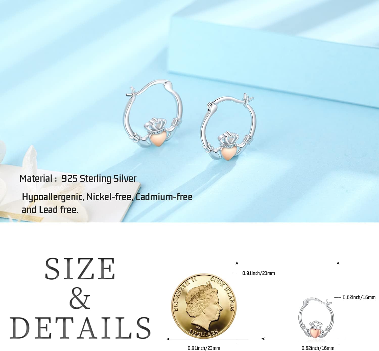Claddagh Earrings for Women Girls 925 Sterling Silver Crystal Hoop Earrings for Sensitive Ears Good Luck Irish Jewelry Birthday Graduation Gifts for Girlfriend Friends