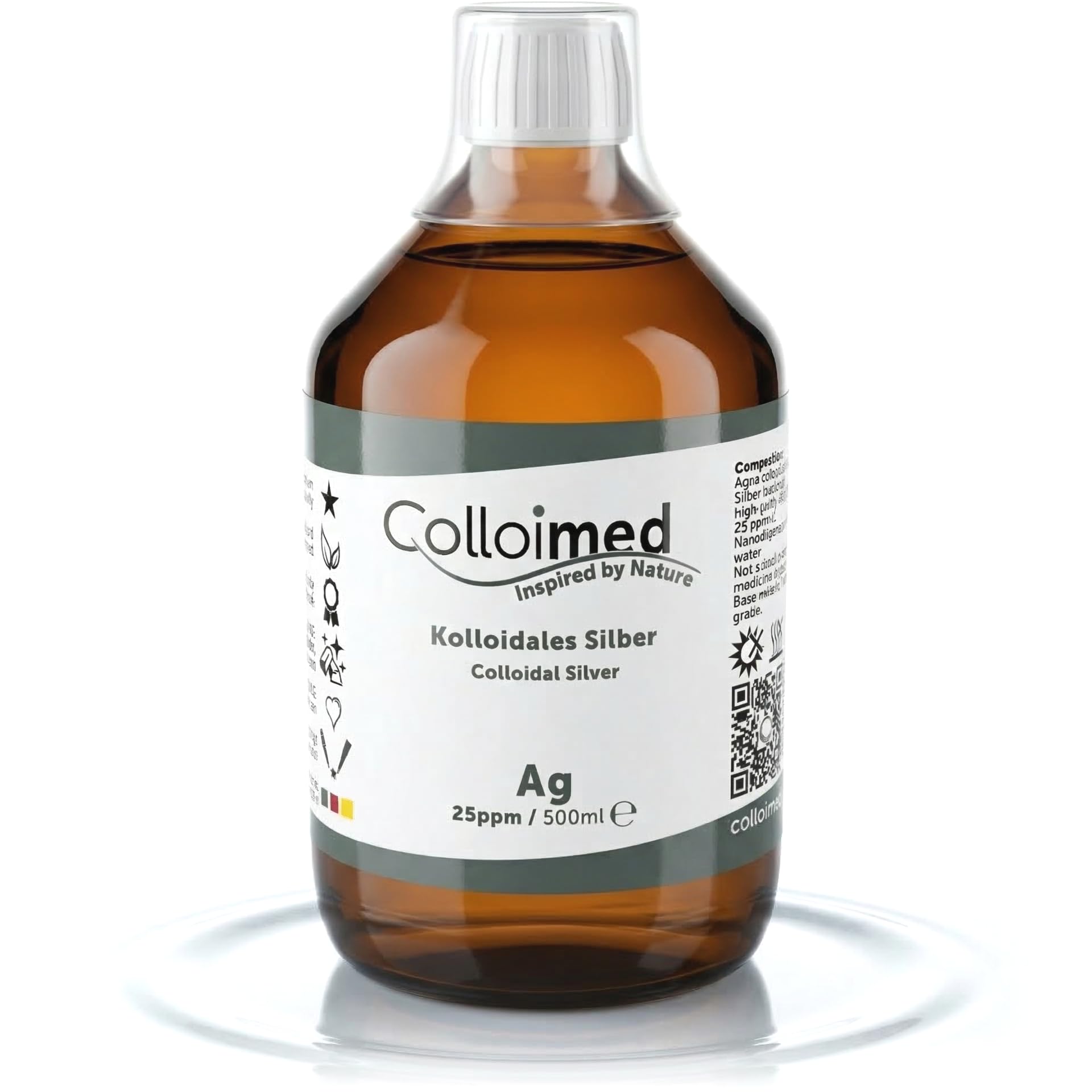 Kolloidales Silber 25ppm hoch konzentriert Reinheitsstufe 99,99% in brauner Apotheker-Glasflasche 500ml (Silber-25ppm, 500ml)