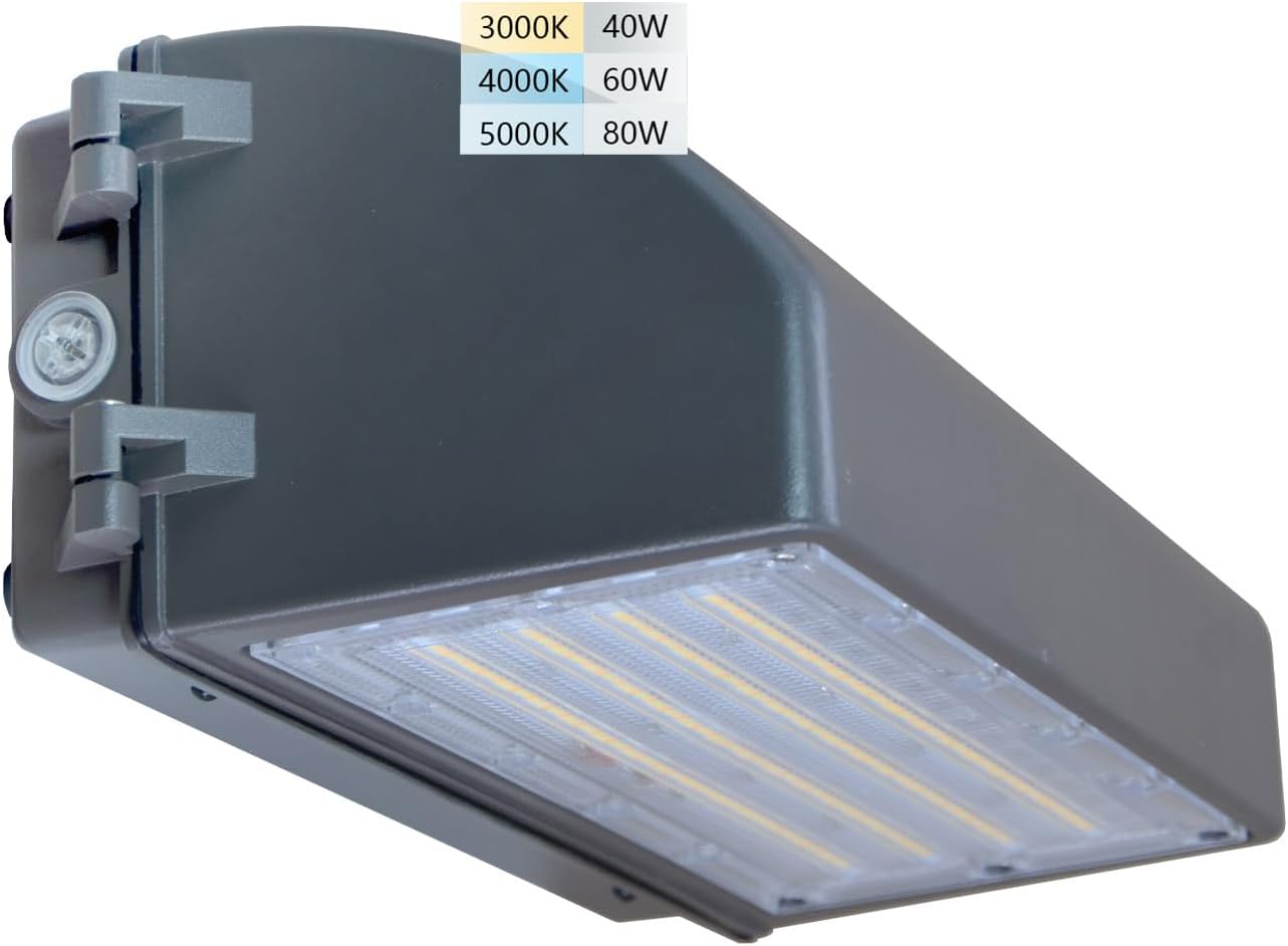80W LED Wall Pack Light, with Dusk to Dawn with Photocell, 10400LM 80W/60W/40W Switchabie, 3000K/4000K/5000K Adjustable, 100-277 Vac Commercial Industrial LED Wall Light for Outdoor ETL