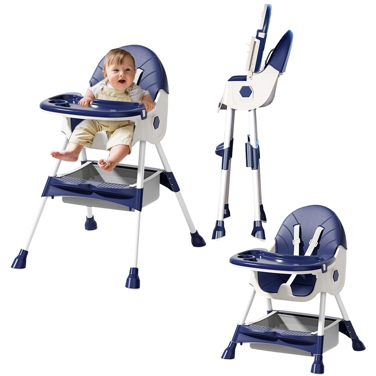 Baby High Chair Foldable Infant Feeding Chair Adjustable Height Convertible Highchair, Toddler Dining Eating Stool Table Booster Seat Non-Slip Feet Pad Safety Belt PU Chair with Removable Double Tray