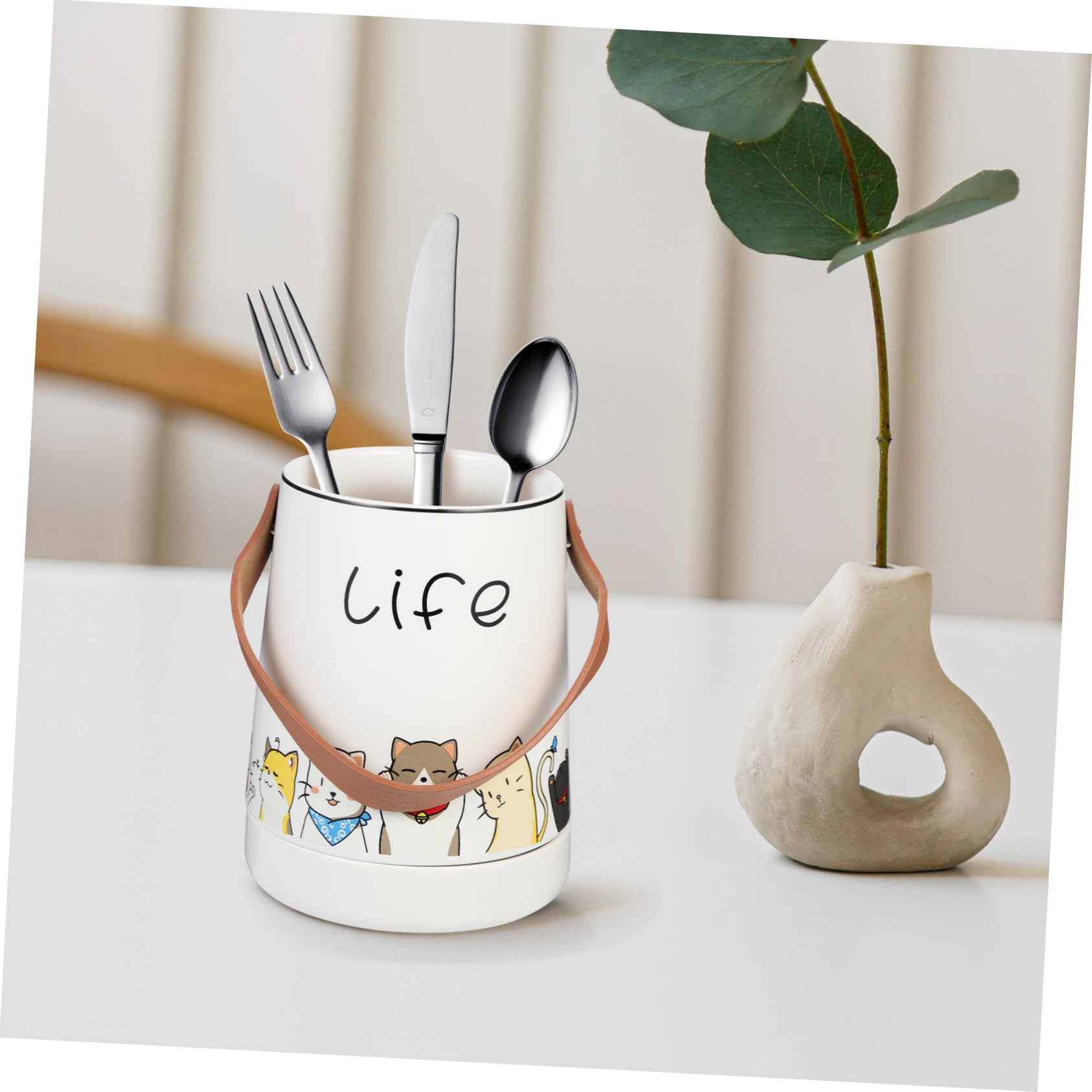 PRETYZOOM Organisateur de Baguettes en Céramique Blanc Porte-ustensiles Drainant pour Fourchettes et Cuillères, Support Simple et Stylé pour Rangement Cuisine