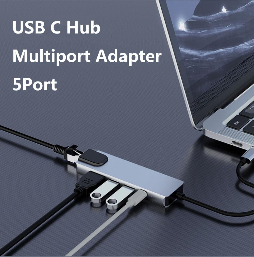 USB C Hub Multiport Adapter 5-in-1, with HDMI, Ethernet Port, USB 3.0/2.0 Port, PD 100W Charging, Compatible with MacBook Pro/Air, Pad Pro, iMac, XPS and More