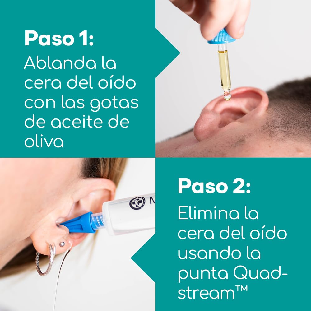 Medi Grade Kit de Jeringuilla para Limpieza de Oídos con Aceite de Oliva y 3x Puntas Suaves para Sacar Cera - Limpiador de Oídos Reutilizable - Limpia Oídos Casero - Mejora la Audición