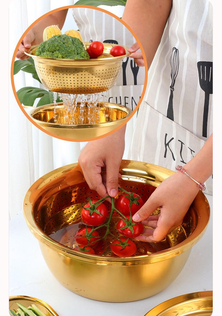 Seiher Schüssel Set mit Deckel 2 in 1 Sieb und Waschschüssel für Obst und Gemüse, Großer Abtropfkorb für Küche Rührschüsseln