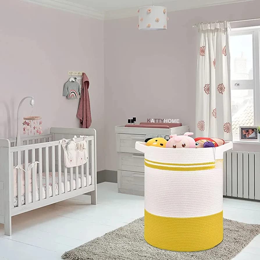 Image of Laundry Basket for Storage, High Storage Basket, Laundry Hamper with Handles, 15X 17, Cotton Rope Basket, Woven Laundry Basket, Toy Basket, Clothes Baskets,Woven Basket, Yellow