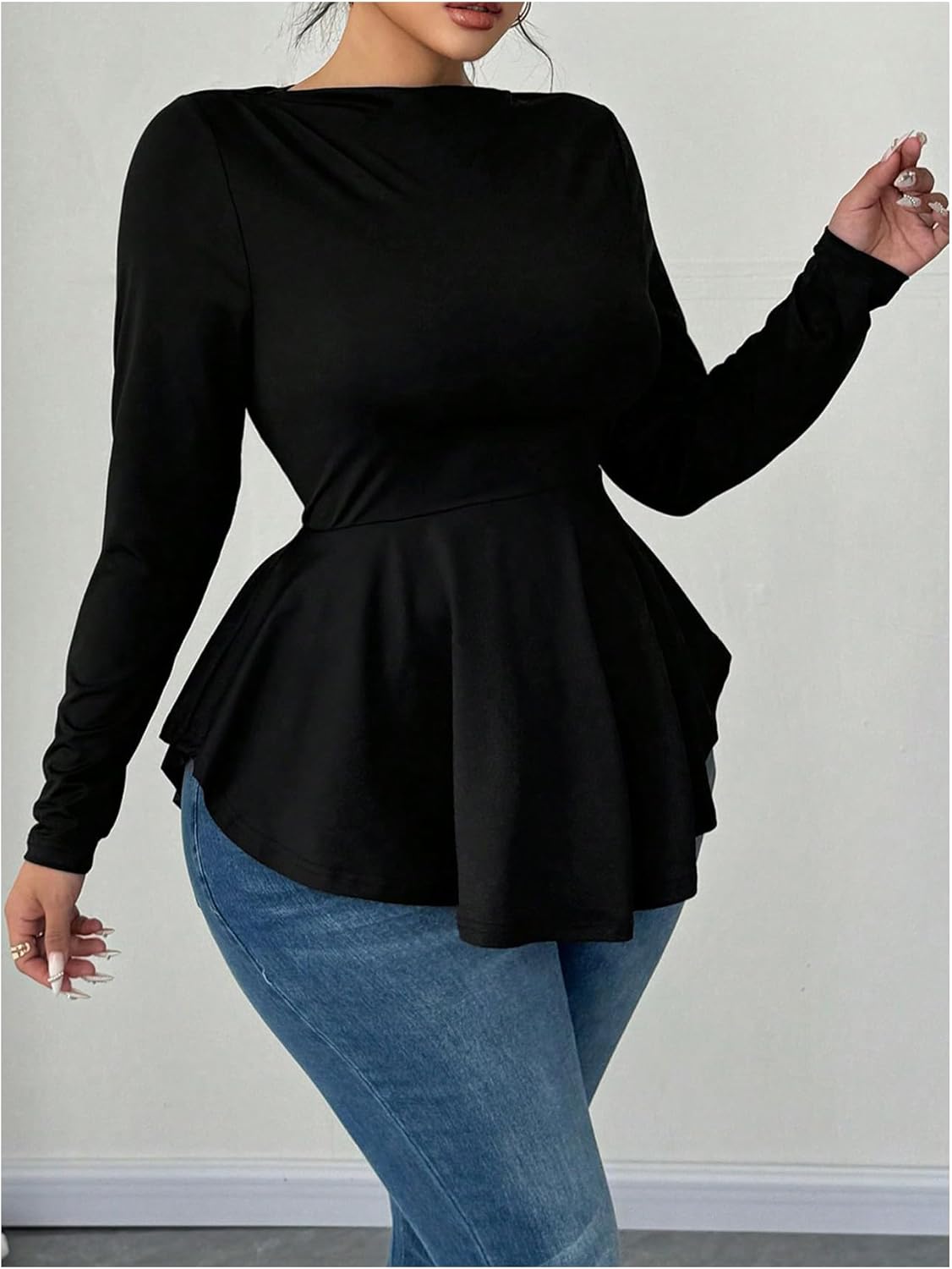 Women's Plus Size Boat Neck Ruffle T Shirt Long Sleeve Peplum Tops Casual Dressy Tees - Image 3