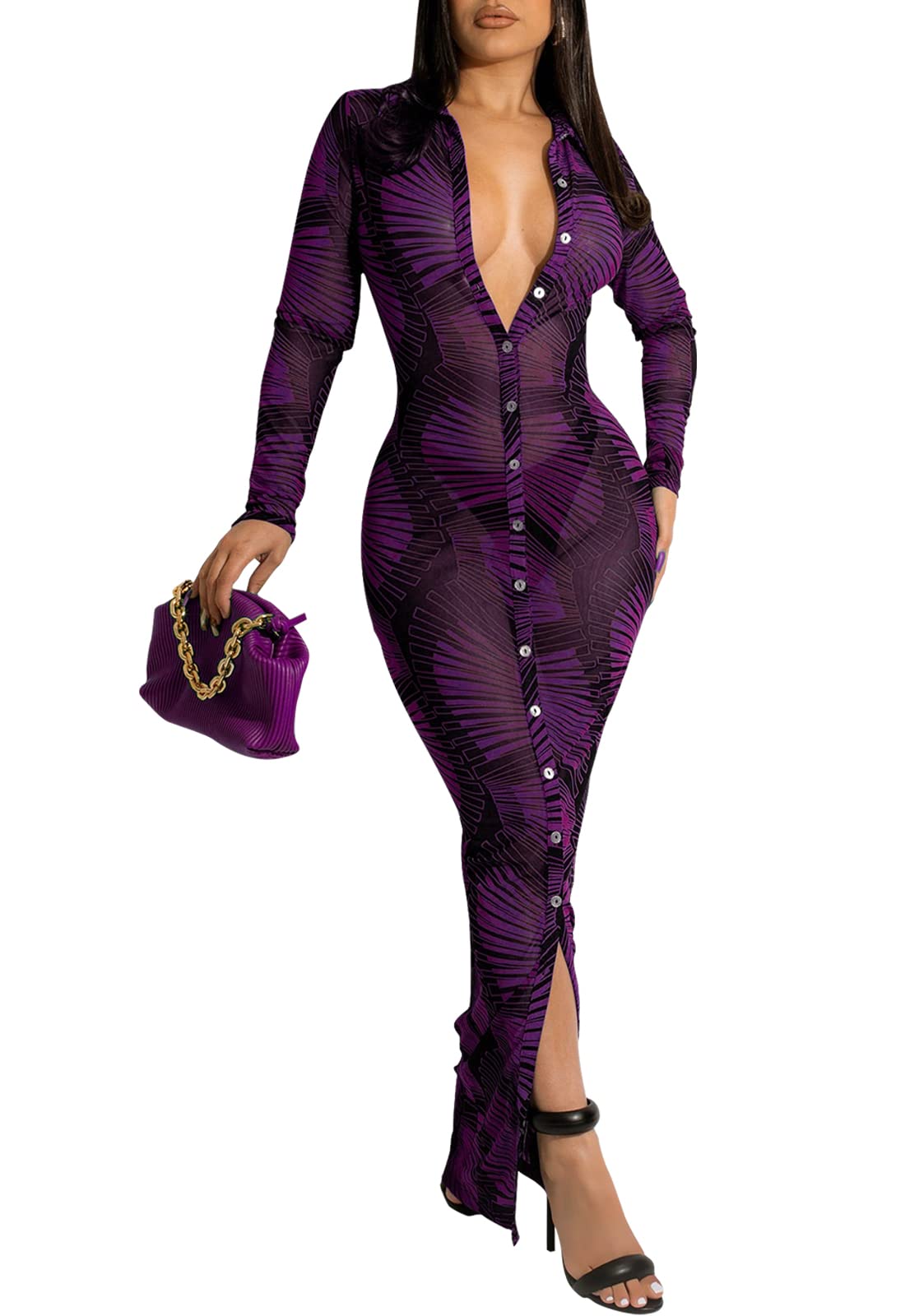 Women's Sheer Mesh Long Sleeve Bodycon Midi Dress Club Night Out Dresses Beach Cover Up Dress
